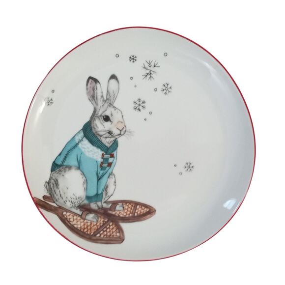 West Elm Rachel Kozlowski Dapper Animal Winter Rabbit Snowshoes Plate Salad - Picture 1 of 7